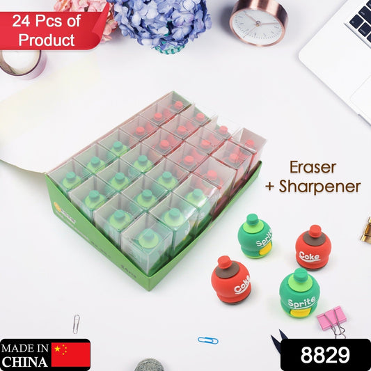 2-in-1 3D Cold Drink Bottle Shape Rubber Pencil Sharpener and Eraser Set(24 Pcs Set )