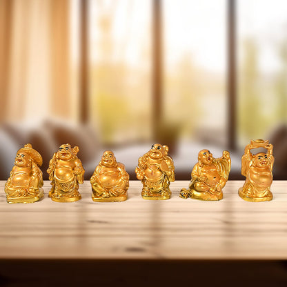 Golden Laughing Buddha Set of Six Pieces Statue for HappinessGood Luck Home Decor