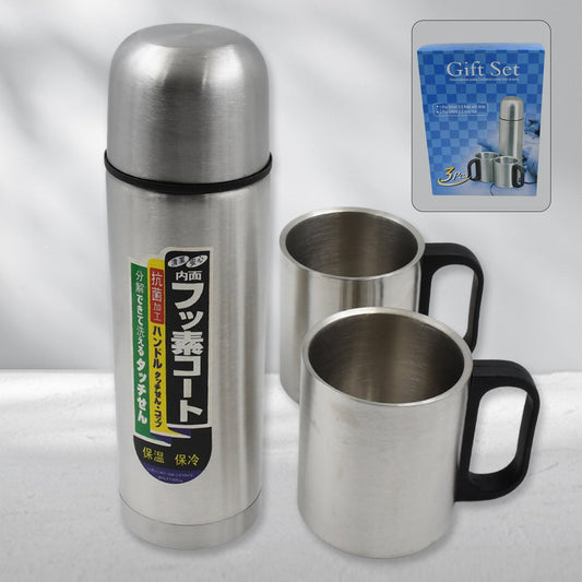 Double Wall Stainless Steel 500ml Vacuum Flask Gift Set with Two Cups (3 Pcs)