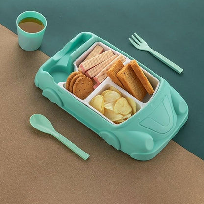 Kid's Car Shaped Plates Cup / Lunch Box Dinnerware (4 Pcs Set / 1000 ML Lunch Box)