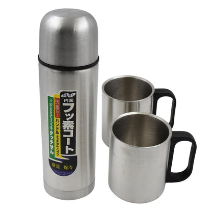 Double Wall Stainless Steel 500ml Vacuum Flask Gift Set with Two Cups (3 Pcs)