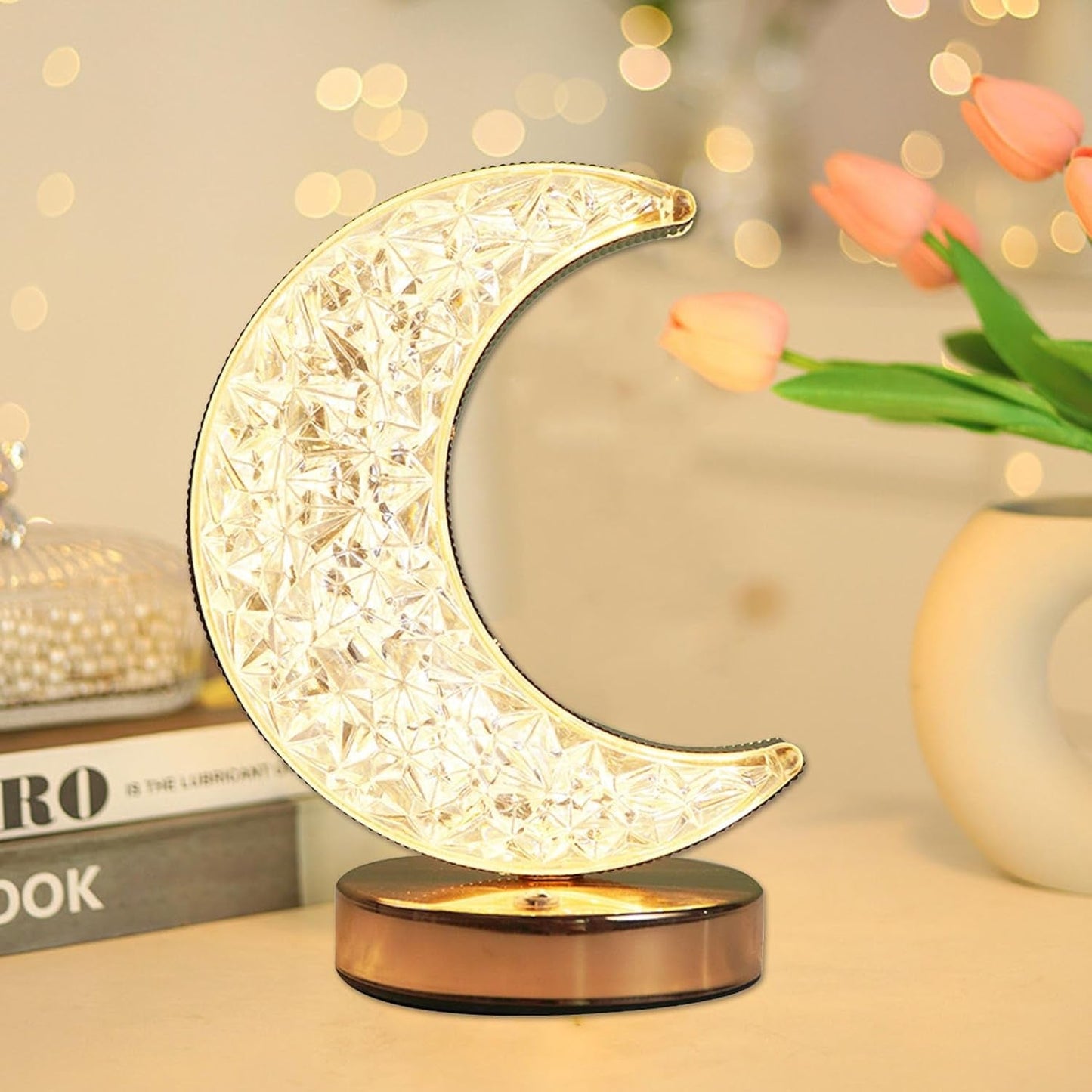 Moon Crystal Touch Table Lamp with 3 Color Dimmable USB Night Light