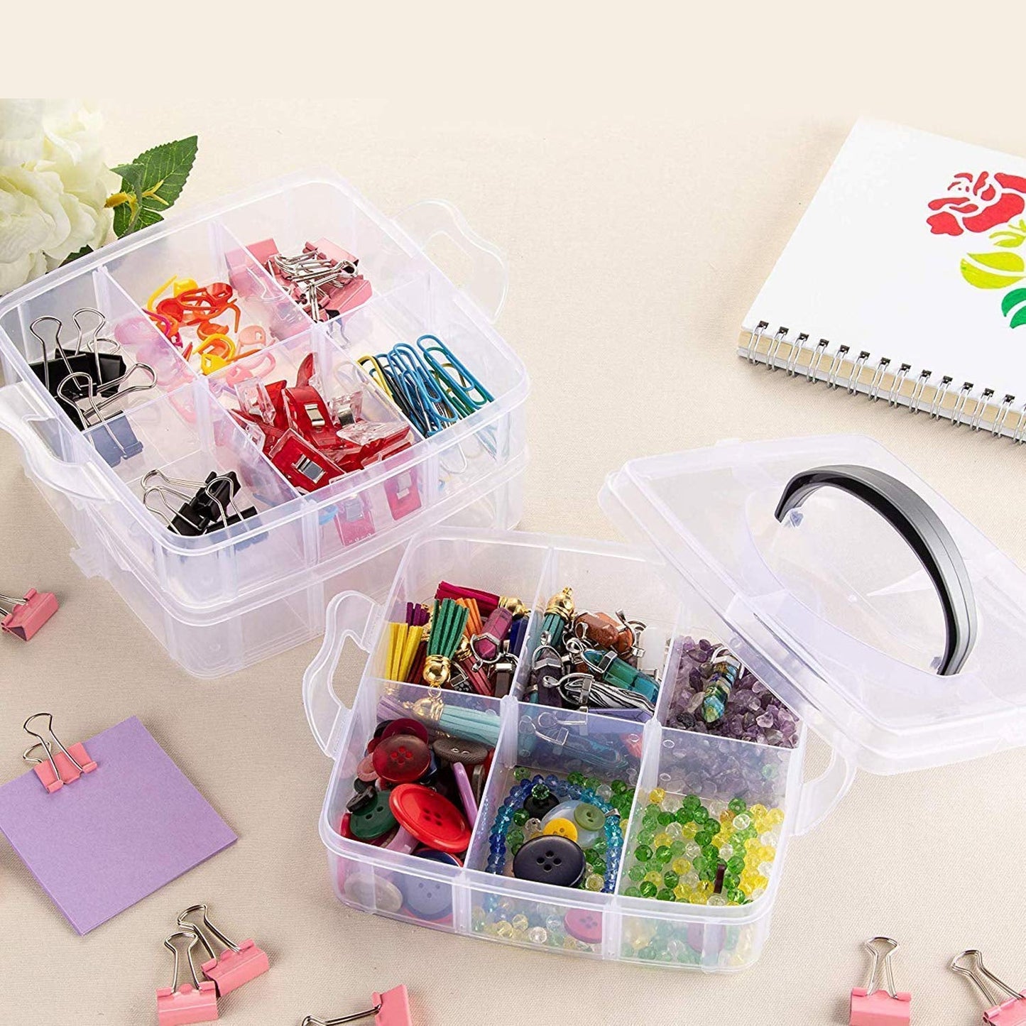 3-Tier Transparent Craft Storage Box with 18 Adjustable Compartments