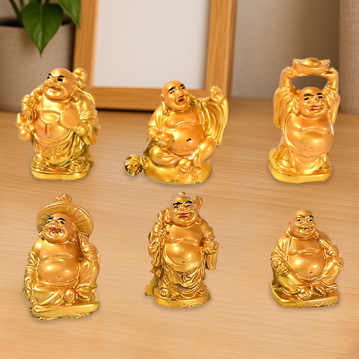 Golden Laughing Buddha Set of Six Pieces Statue for HappinessGood Luck Home Decor