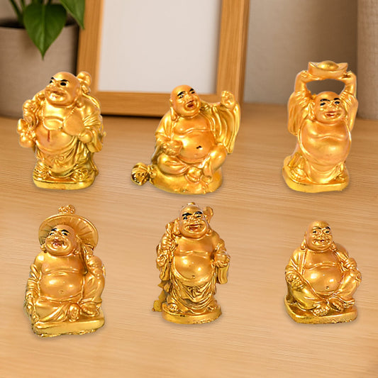 Golden Laughing Buddha Set of Six Pieces Statue for HappinessGood Luck Home Decor