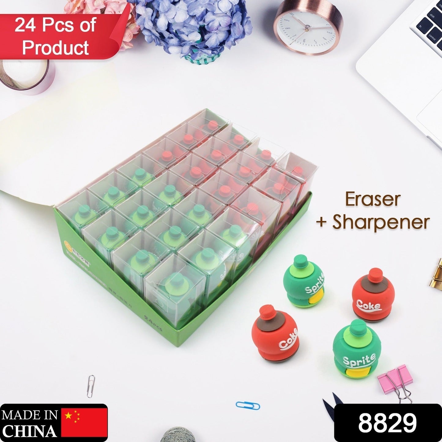2-in-1 3D Cold Drink Bottle Shape Rubber Pencil Sharpener and Eraser Set(24 Pcs Set )