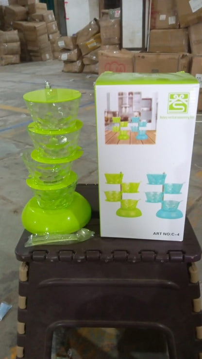 4 Section 360° Rotating Box Plastic Pickle Tower Spice Rack with 4 Spoons 1 Set