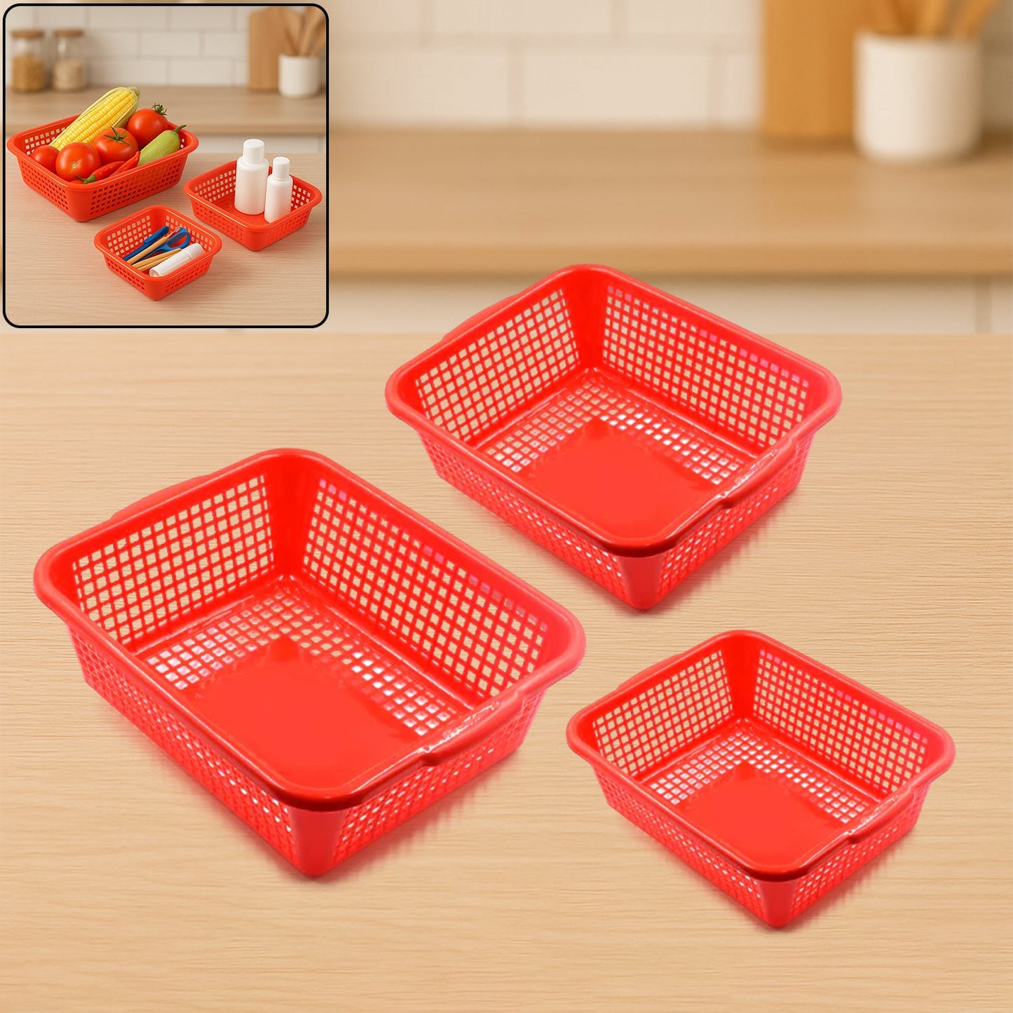 Plastic 3 Pieces Kitchen Large Dish Rack Drainer Vegetables Fruits Washing Basket