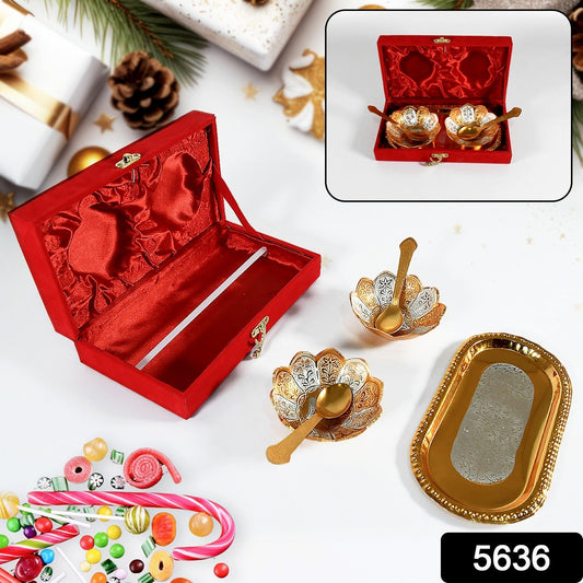 5-in-1 Gold & Silver Plated Bowl Spoon Tray Set with Velvet Gift Box
