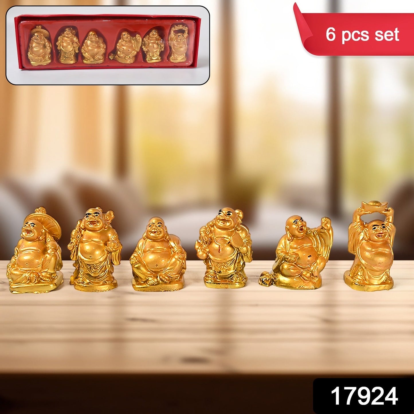 Golden Laughing Buddha Set of Six Pieces Statue for HappinessGood Luck Home Decor