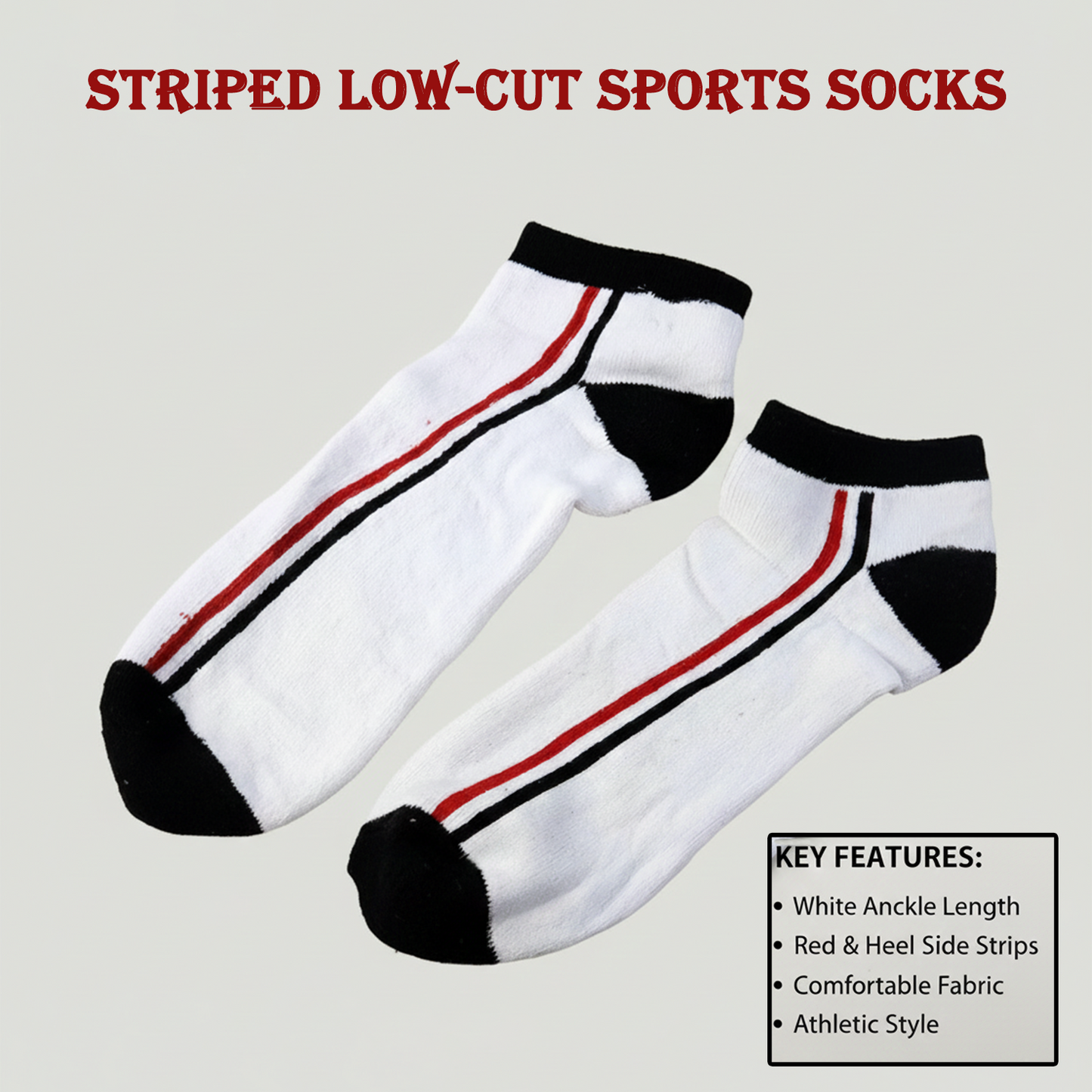 White & Black Striped Low-Cut Sports Socks (1 Pair)