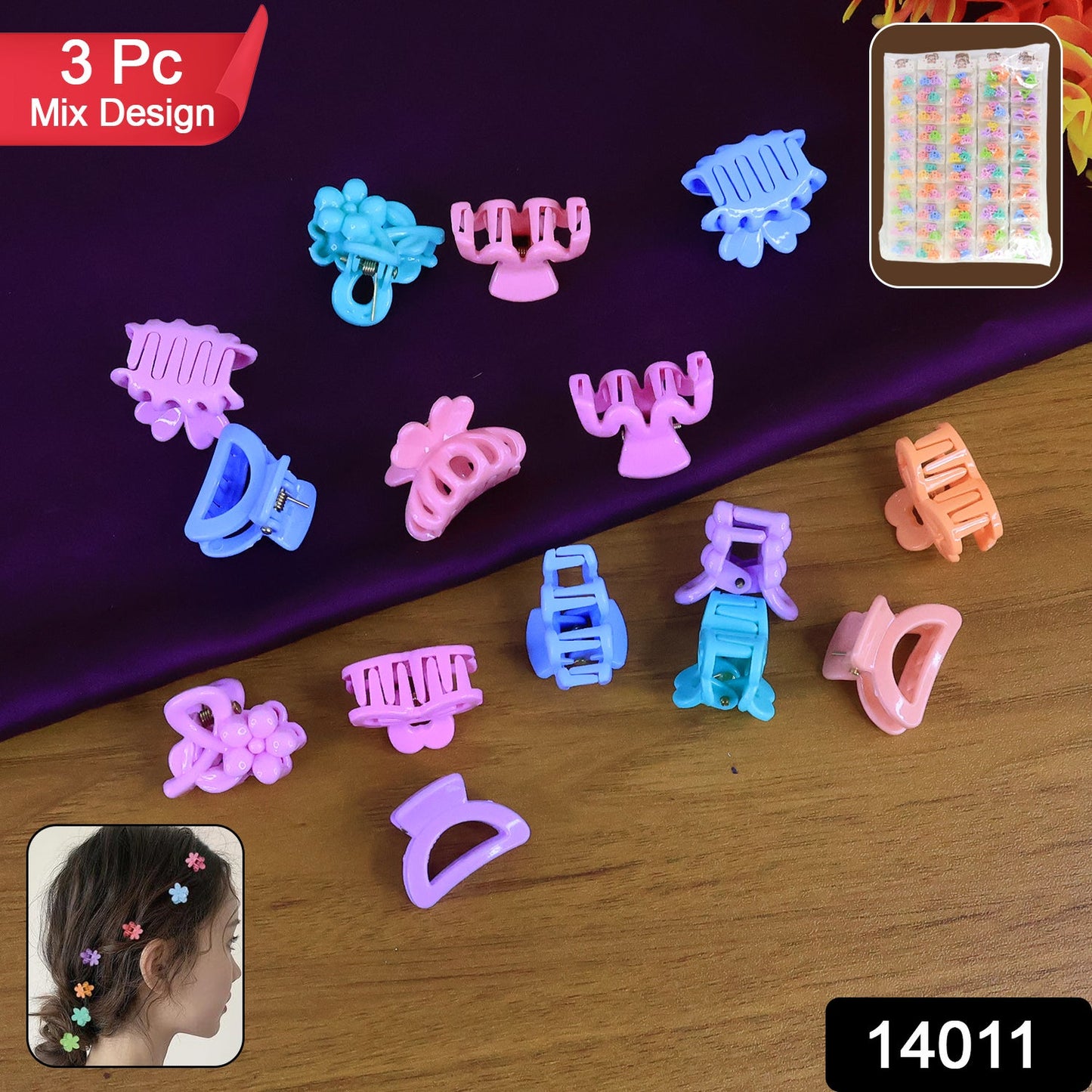 Plastic Small Hair Clips Girls Kids Hair Accessories (3 Pcs Set / Mix Color & Design)