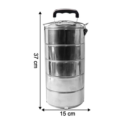 5 Compartment Lunch Box (Stainless Steel): Round Tiffin, Leakproof (16x5")