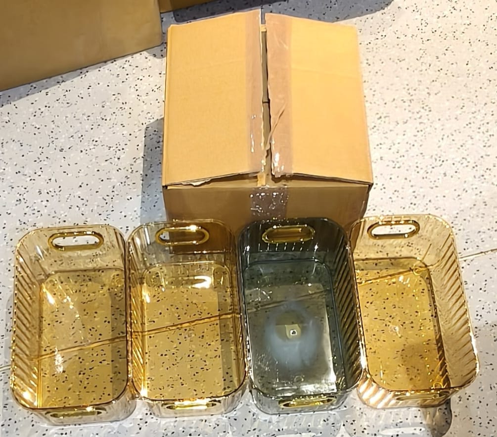Premium Ribbed Transparent Storage Basket with Gold Handle  25×14 cm 4 Pc