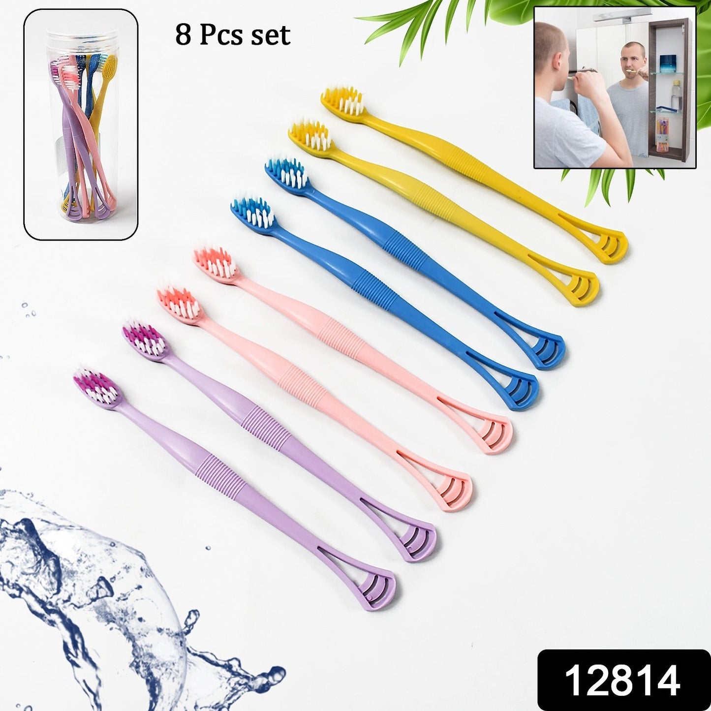 2-in-1 Tooth Brush Tongue Scraper, Soft Bristle & Long Handle (8Pcs) Soft Toothbrush