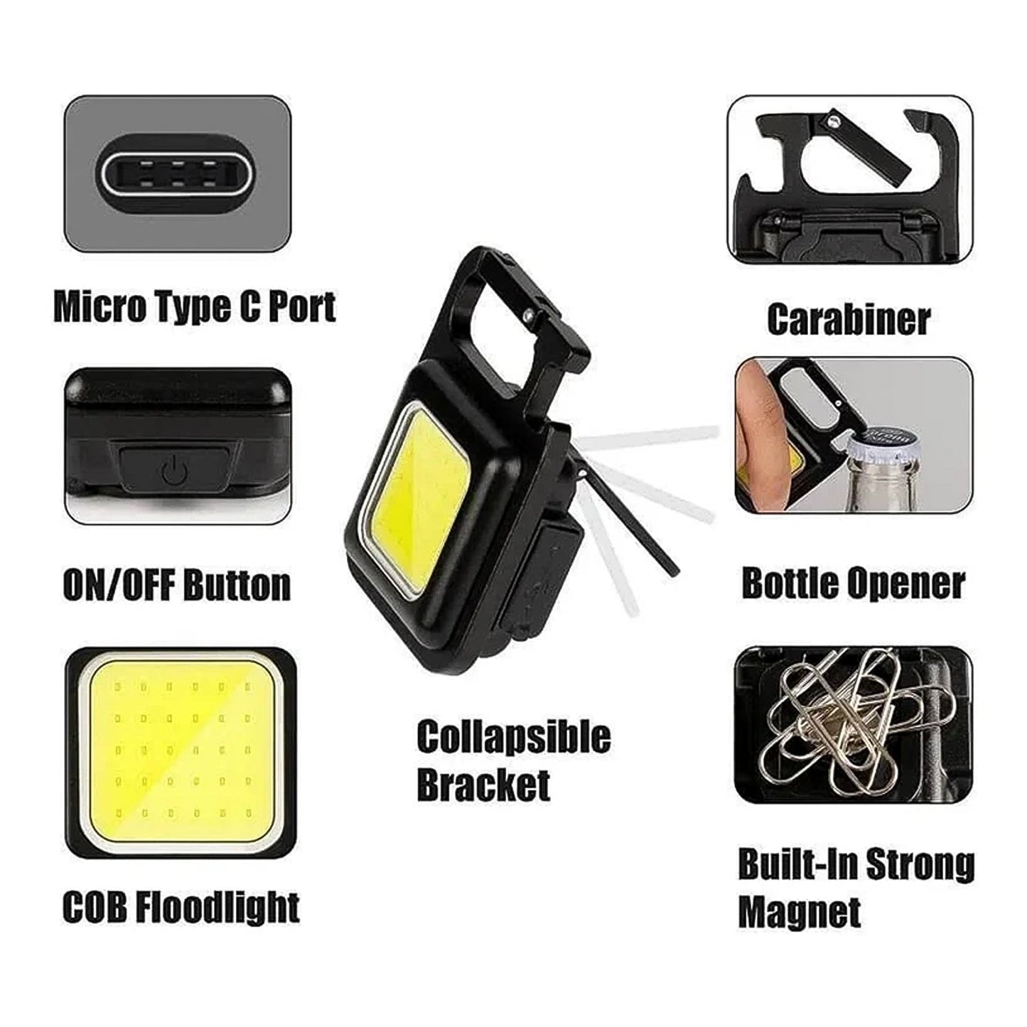 Mini Rechargeable Keychain Flashlight - 4 Light Modes Folding Bracket & Magnetic Base
